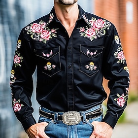 Men's Floral Print Skulls Flowers Shirt Western Shirt Cowboy Shirt Long Sleeve Vintage Retro Casual Outdoor WorkWear Spring Fall Turndown Front Two Pockets Lin