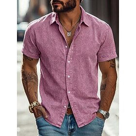 DenimTone™ Men Shirt Casual Shirt Button Up Shirt 100% Cotton Acid Wash Shirt Acid Wash Shirt Blue Black Pink Navy Blue Purple Short Sleeve Plain Shirt Collar