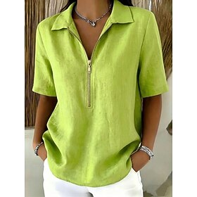 Women's Blouse Faux Linen Shirt Zipper Buttons Solid Color Daily Stylish Casual Short Sleeve Polo Collar Regular Tops Casual Daily Blue Black White Yellow Khak