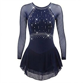 Figure Skating Dress Women's Ice Skating Dress Navy Patchwork Open Back Stretchy Training Competition Skating Wear Classic Crystal / Rhinestone Long Sleeve Ice
