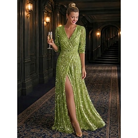 A-Line Floor Length Evening Gown Formal Dress Elegant Sparkle High Split 3/4 Length Sleeve V Neck Evening Party Wedding Sequined with Glitter Sequin Solid Colo