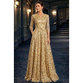 A-Line Dress Floor Length Party Dress Cocktail Dress Mother of the Bride Dress Long Sleeve V Neck Elegant Vintage Luxurious Formal Wedding Guest Kentucky Derby