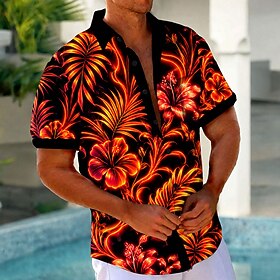 Men's Tropical Flowers Palm Leaf Neon Glow Shirt Summer Hawaiian Shirt Tropical Shirts Short Sleeve Hawaiian Beach Vacation Wear Summer Spring Turndown 3D Prin