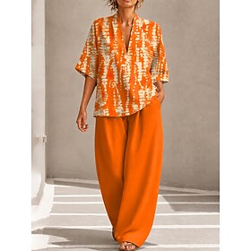 Women's Shirt Pants Sets Half Sleeve V Neck Graphic Geometric Print Vacation Fashion Streetwear Casual Daily Outdoor Blue Orange Summer Loose Fit