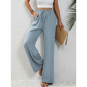 Women's Wide Leg Casual Pants Summer Pants Beach Pants Vacation Fashion Basic Full Length High Waist Plain Pocket Elastic Waist Comfort Lightweight Soft Inelas