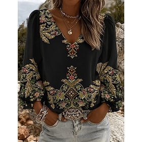 Women's Shirt Floral Graphic Geometric Bohemia Vacation Vintage Long Sleeve V Neck Regular Tops Casual Daily Holiday Black Summer Spring