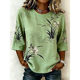 Women's Blouse Print Floral Graphic Bohemia Vintage Tropical 3/4 Length Sleeve Crew Neck Regular Tops Casual Daily Vacation Wear Blue Pink Red Green Summer Spr
