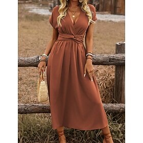 Women's Midi Dress A Line Dress Summer Dress Casual Daily Regular Fit Plain Short Sleeve V Neck Black Red Light Brown Dark Green Summer Spring
