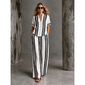 Women's Shirt Cotton Linen Sets Pants Sets Short Sleeve V Neck Floral Graphic Geometric Print Vacation Fashion Streetwear Casual Daily Outdoor Blue Khaki Black