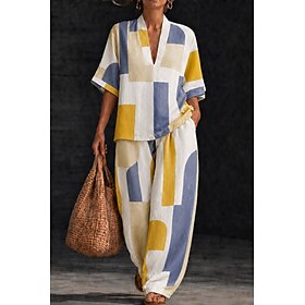 Women's Shirt Cotton Linen Sets Pants Sets Short Sleeve Half Sleeve V Neck Floral Graphic Geometric Print Vacation Fashion Streetwear Casual Daily Outdoor Yell