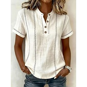 Women's Cotton Linen Shirt T Shirt Henley Shirt Tee Top Buttons Striped Fashion Short Sleeve Henley Regular Tops Casual Beach Summer White Light Green Sky Blue