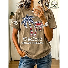 American Independence Day Women's T Shirt Buttons Graphic Flag Plants Vintage Fashion Stylish Short Sleeve Crew Neck Regular Tops Casual Daily Blue Khaki Green