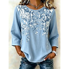 Women's Shirt Floral Graphic Vintage Stylish Crew Neck Regular Tops Casual Blue White Purple Summer Spring