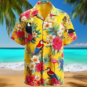 Men's American US Flag Parrot Coconut Palm Summer Hawaiian Shirt Tropical Shirts Aloha Shirt Short Sleeve Hawaiian Daily Beach Vacation Wear Summer Spring Turn