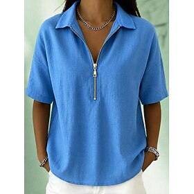 Women's Shirt Quarter Zip Daily Stylish Short Sleeve Shirt Collar Regular Tops Casual Going out Blue Khaki Black White Yellow Summer Spring