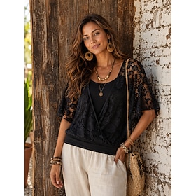 Per donna Top con cuciture in pizzo Patchwork Pizzo Illusione Elegante Manica 3/4 Collo a U Top Regolari Casuale Rosso violaceo Nero Viola Estate Prim