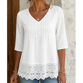 Women's Shirt Eyelet Top Bohemia 3/4 Length Sleeve V Neck Casual Blue White Black Pink Summer Spring