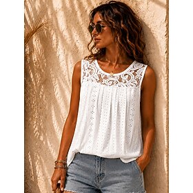 Per donna Top traforato Camicia Boho Camicia di Pizzo Camicia casual Pizzo Patchwork Elegante Bohemien Quotidiano Senza Maniche Top corti Casuale Bian