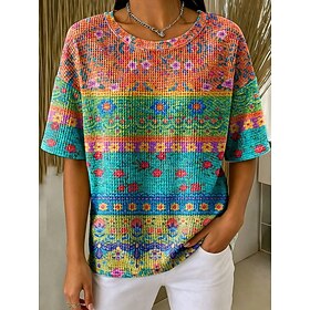 Women's Waffle T-shirt Textured Knit Tops Graphic Geometric Striped Stylish Classic Short Sleeve Crew Neck Regular Tops Casual Daily Blue Light Purple Orange S