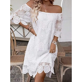 Women's Mini Dress Lace Dress White Dress Casual Dress Summer Dress Elegant Fashion Beach Vacation Holiday Regular Fit Floral Half Sleeve Off Shoulder White Su