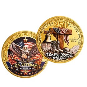 U.S. Veteran 250th Anniversary Commemorative Challenge Coin, 1776–2026 We The People Memorial Coin, Double-Sided Gold Plated Collectible Coin, Patriotic Milita