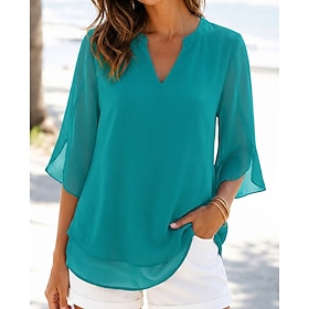 Women's Chiffon Tops Vacation Vintage Daily V Neck Long Tops Casual Black Pink Wine Navy Blue Royal Blue Summer Spring