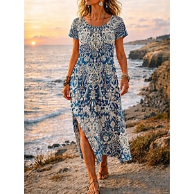 Per donna Abito Midi Abito a trapezio Casual Spiaggia Vestibilità regolare Grafico Geometrico Manica Corta Girocollo Blu Nero Estate Primavera