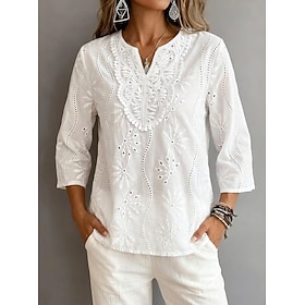 Per donna Top traforato Blusa Top in pizzo Pizzo Traforato Floreale Elegante Moderno Manica 3/4 Scollo a V Top Regolari Casuale Spiaggia Ferie Bianco 