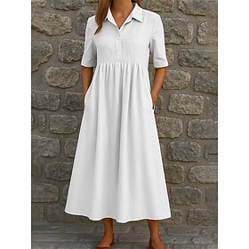 Women's Midi Dress Casual Dress A Line Dress Summer Dress Basic Classic Daily Vacation Regular Fit Plain Half Sleeve Shirt Collar White Sky Blue Orange Green S