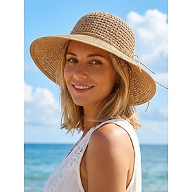 Cappello estivo da donna pieghevole a tesa larga in paglia, traspirante, ideale per la spiaggia, i resort e i viaggi, nei colori beige e kaki, perfett