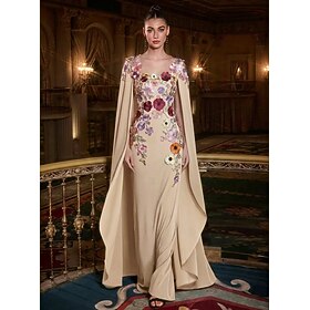 A-Line Floor Length Cape Dress Ball Gown with Cape Evening Gown Elegant Vintage Floral Sleeveless Square Neck Wedding Formal Detachable Lace Charmeuse with Emb