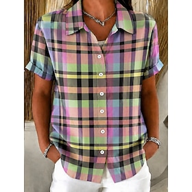 Women's Shirt Buttons Print Graphic Plaid Vintage Daily Stylish Short Sleeve Shirt Collar Regular Tops Casual Daily Pink Green Summer Spring