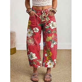 Women's Wide Leg Slacks Cropped Pants Vacation Vintage Casual Ankle-Length High Waist Floral Graphic Flower / Floral Print Comfy Comfort Breathability Inelasti