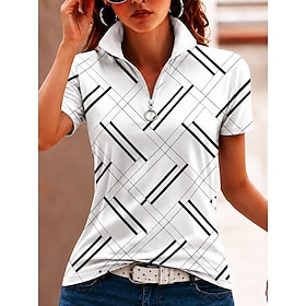 Women's T Shirt Zipper Quarter Zip Graphic Geometric Vintage Tropical Hawaiian Short Sleeve High Neck Regular Tops Beach Wedding Casual Daily Blue White Pink S