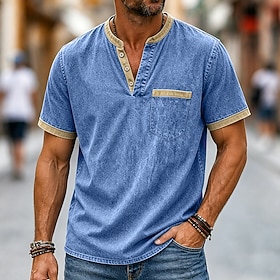 Men's Henley Shirt 100% Cotton Acid Wash Shirt Short Sleeve Henley Vintage Style Color Block Washed Spring  Summer Summer Spring Retro Vintage Casual Casual Bl