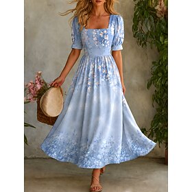Women's Maxi Dress A Line Dress Vacation Casual Boho Beach Holiday Regular Fit Floral Graphic Short Sleeve Crew Neck Blue Purple Green Summer Spring