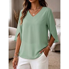 Women's Shirt Blouse Pullover Solid Color Elegant Fashion Half Sleeve V Neck Regular Tops Casual Daily Outdoor Blue Black White Fuchsia Green Summer Spring