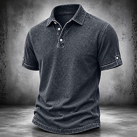 DenimTone™ Men's Polo Shirts 100% Cotton Acid Wash Shirt Casual Holiday Lapel Short Sleeve Fashion Basic Plain Textured Buttons Vintage Summer Spring Blue Blac