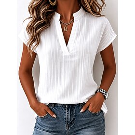 Women's T Shirt Tee Top Striped Plain Fashion Stylish Classic Short Sleeve V Neck Regular Tops Daily Going out Weekend Blue White Sage Green Pink Green Summer