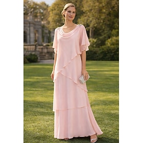 A-Line Floor Length Wedding Guest Dress Tiered Dress Evening Gown Mother of the Bride Dress Short Sleeve Cowl Neck Elegant Formal Wedding Guest Semi Formal Chi