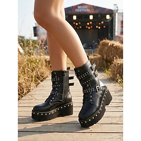 Women's Gothic Platform Combat Boots, Black Studded Lace-Up Buckle Boots with Chunky Heels for Outdoor Music Festivals, Halloween Costumes  Punk Parties