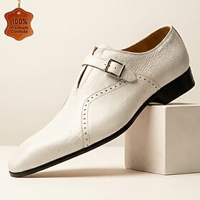 Men's White Monk Strap Dress Shoes, Pointed Toe Business Formal Shoes, Elegant Wedding Shoes for Office, Banquet, Party