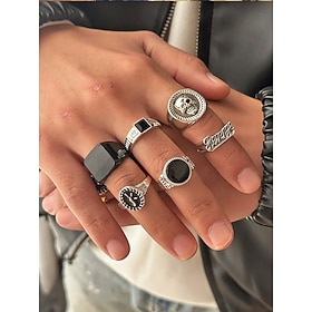 Men's Vintage Alloy Ring Set, Gothic Skull Signet Rings, Punk Biker Statement Jewelry Collection, Retro Black Stone Finger Rings for Daily Wear, Festival, Moto