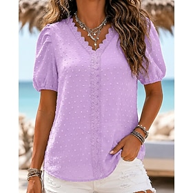 Women's Eyelet Top Summer Tops Lace Trim Vintage Stylish Casual Short Sleeve V Neck Long Tops Casual Blue White Black Lotus Root Pink Light Green Summer Spring