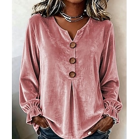 Women's Shirt Velvet Solid Color Plain Elegant Bohemia Vacation Long Sleeve V Neck Long Tops Casual Blue Black Pink Red Green Fall Winter