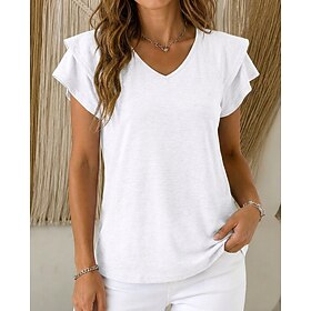 Women's T Shirt Summer Tops Plain Vintage Fashion Casual Short Sleeve Petal Sleeve V Neck Regular Tops Casual White Screen Color Black Light Green Pink Summer