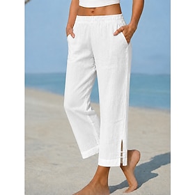 Women's 100% Cotton Chinos Summer Pants Vacation Streetwear Basic Full Length Medium Waist Plain Pocket Elastic Waist Comfy Comfort Inelastic Daily Outdoor Vac