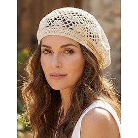 Cappello da donna stile bohémien all'uncinetto, berretto estivo in misto cotone e lino, leggero, traspirante e traforato, disponibile in vari colori, 