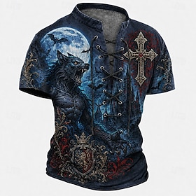Halloween Men's Animal Wolf Cross Henley Shirt T shirt Tee Short Sleeve T shirt 3D Print Lace Up Neck Henley Shirt Dark Daily Festival Blue Red Dark Blue Sprin