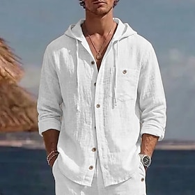 Men Shirt Linen Shirt Summer Shirt Beach Wear Button Up Shirt Hooded Shirt Solid Color Casual Vacation White Sky Blue Long Sleeve Hooded Summer Spring Clothing